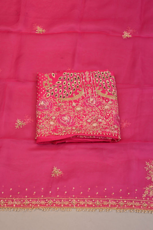 Rani Pink Suit dupatta  Peacock Motif Embroidered Dress Material