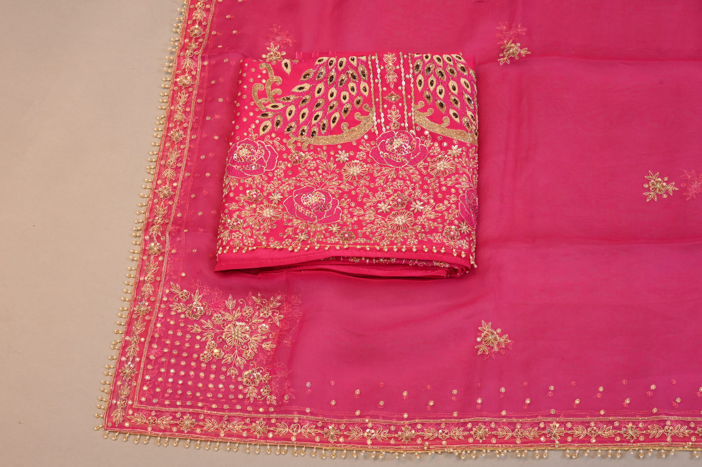 Rani Pink Suit dupatta  Peacock Motif Embroidered Dress Material