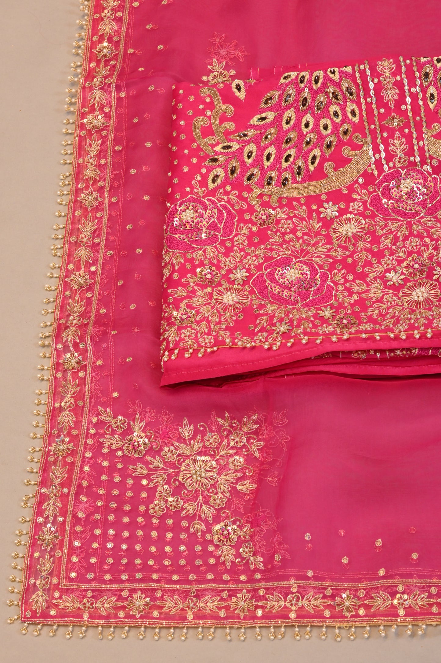 Rani Pink Suit dupatta  Peacock Motif Embroidered Dress Material