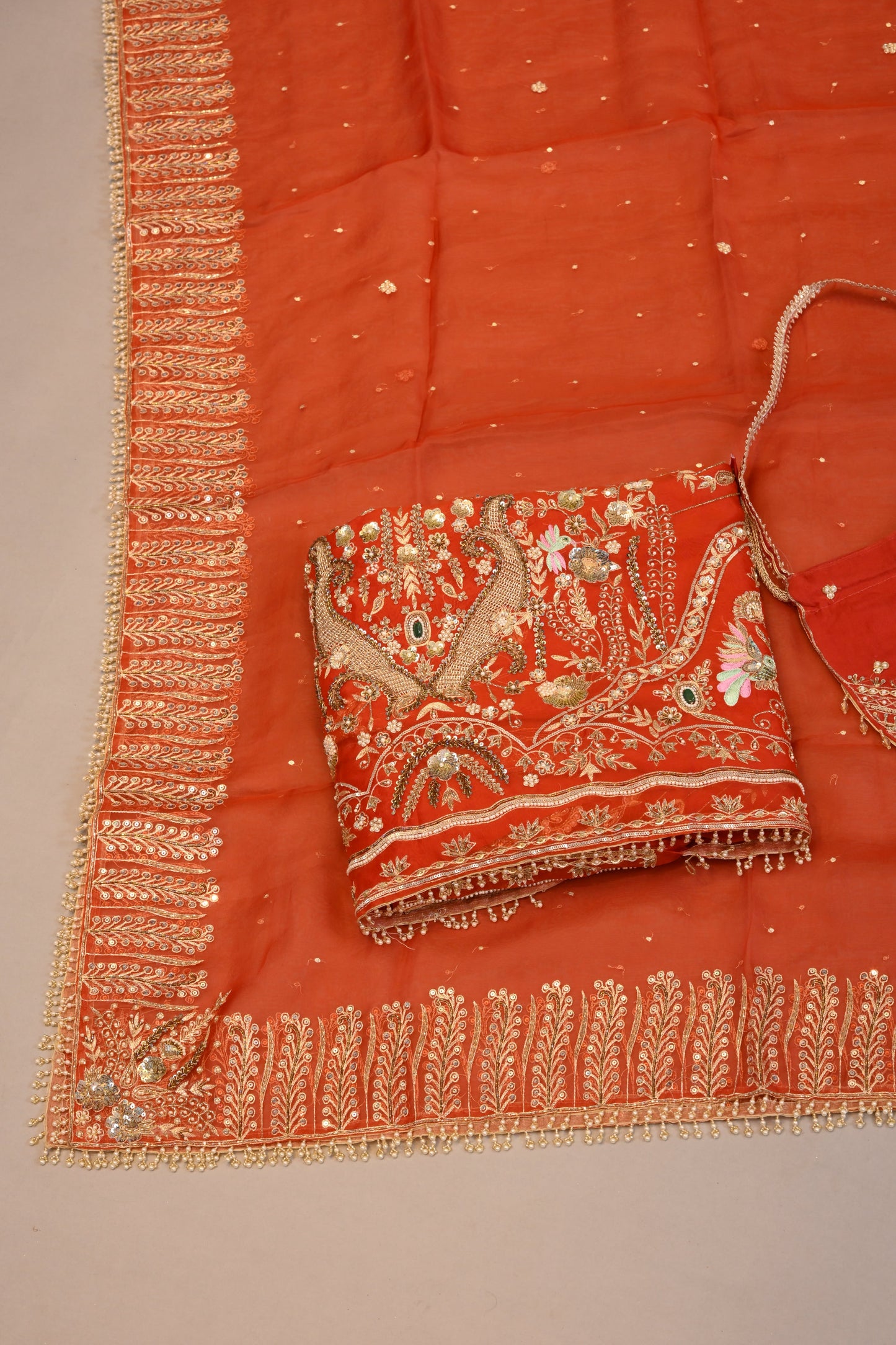 Coral Orange  Suit dupatta Hand-Embroidered Bridal Ensemble with Potli Bag