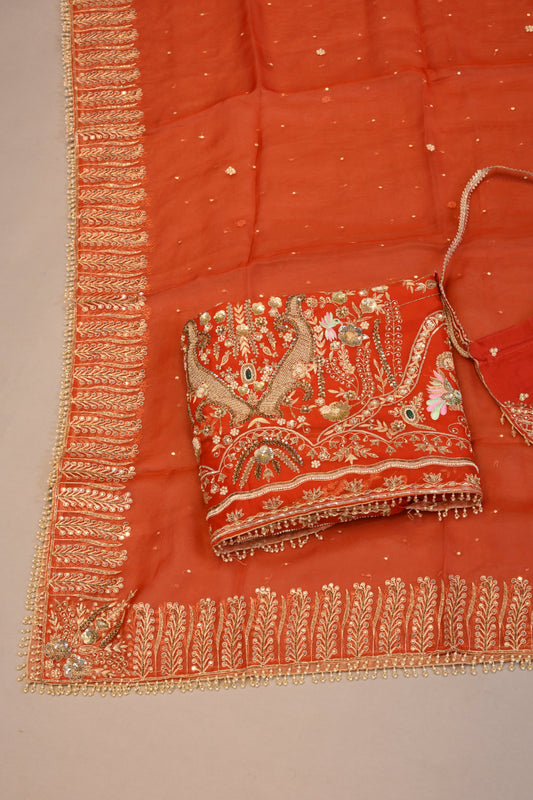 Coral Orange  Suit dupatta Hand-Embroidered Bridal Ensemble with Potli Bag