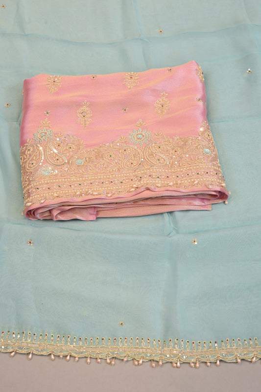 Soft Peach Pink Embroidred  suit with contrast dupatta sequin work
