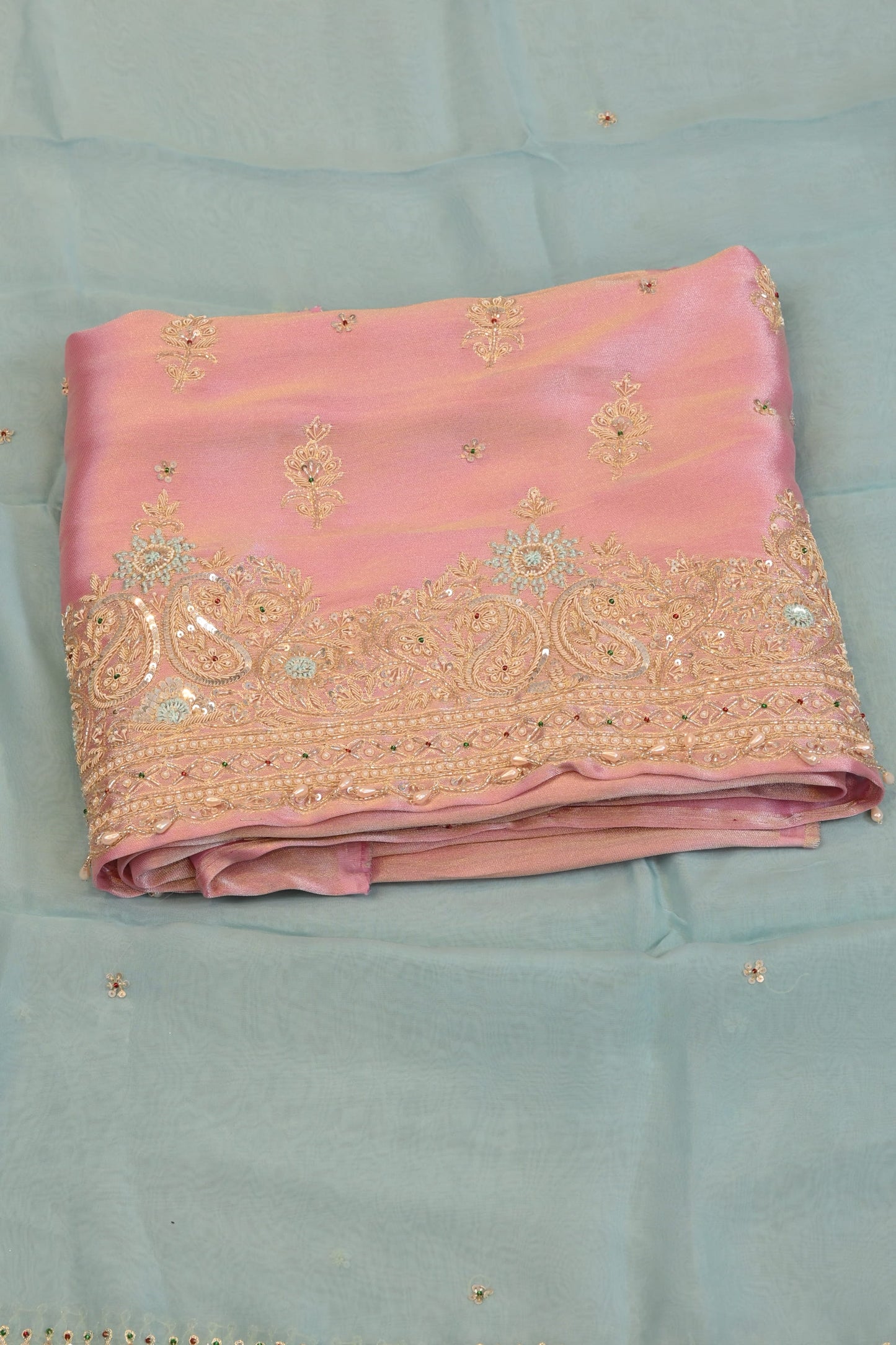 Soft Peach Pink Embroidred  suit with contrast dupatta sequin work