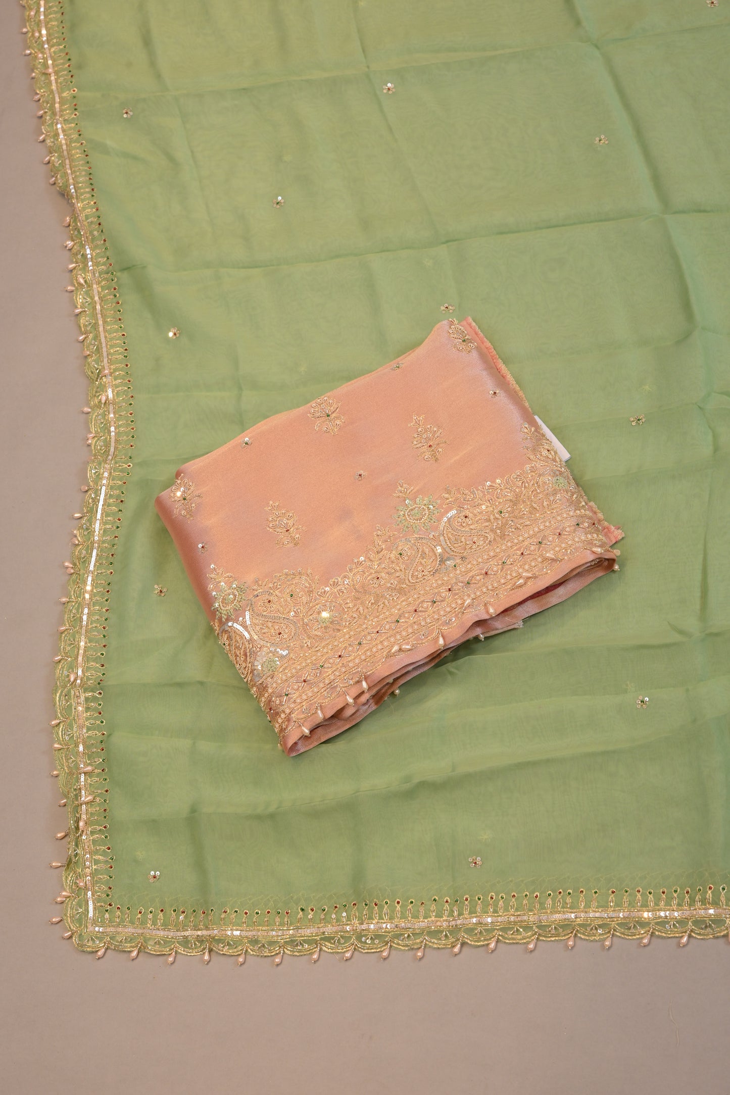 Soft Peach Pink Embroidred  suit with contrast dupatta sequin work