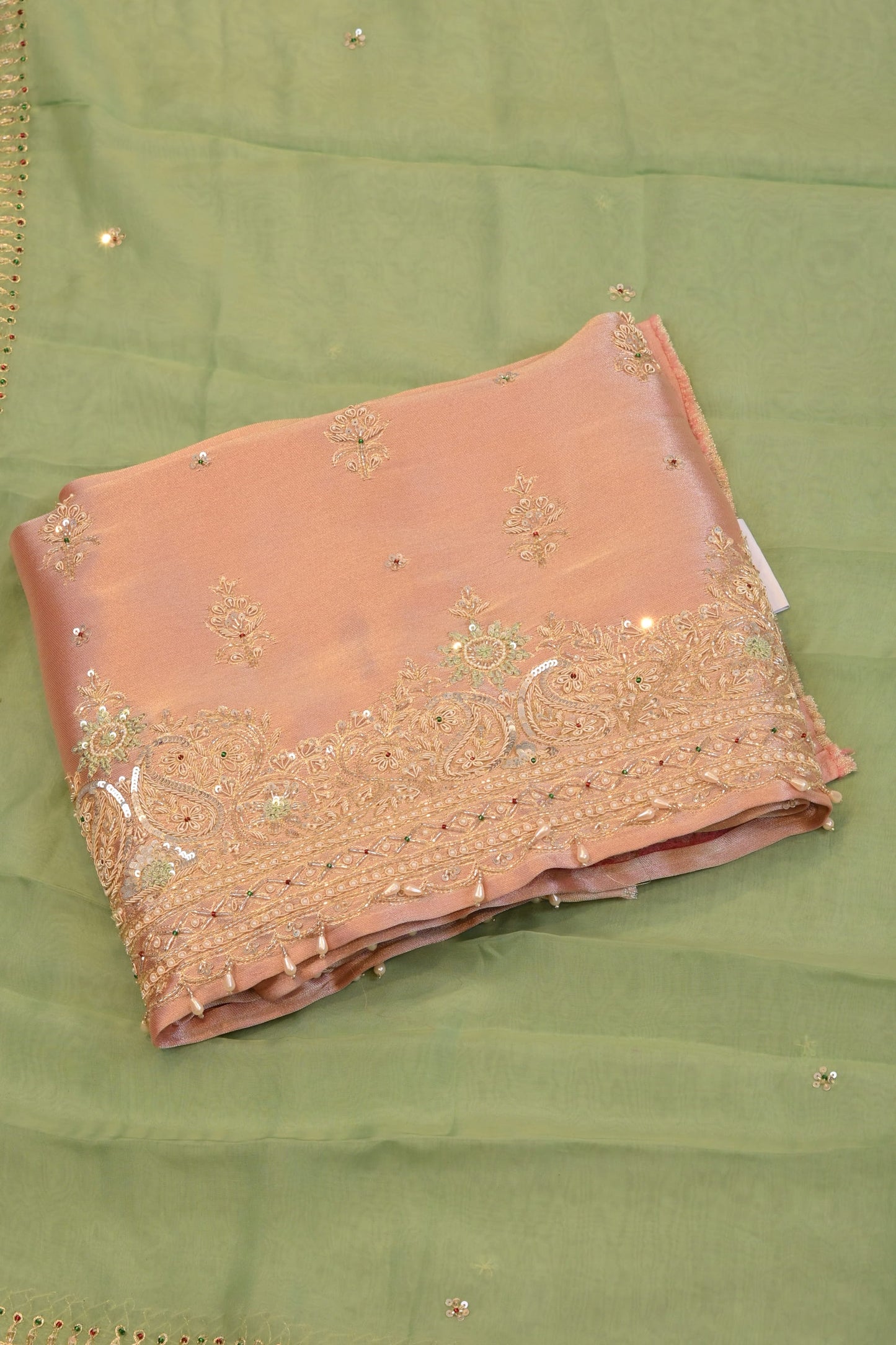 Soft Peach Pink Embroidred  suit with contrast dupatta sequin work