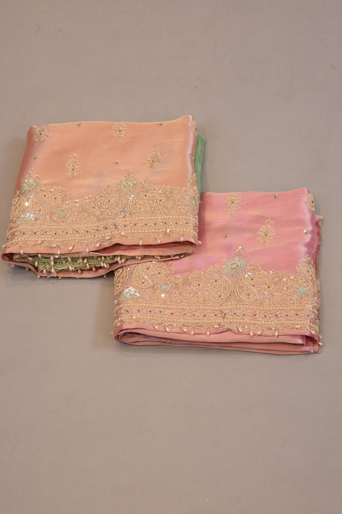 Soft Peach Pink Embroidred  suit with contrast dupatta sequin work