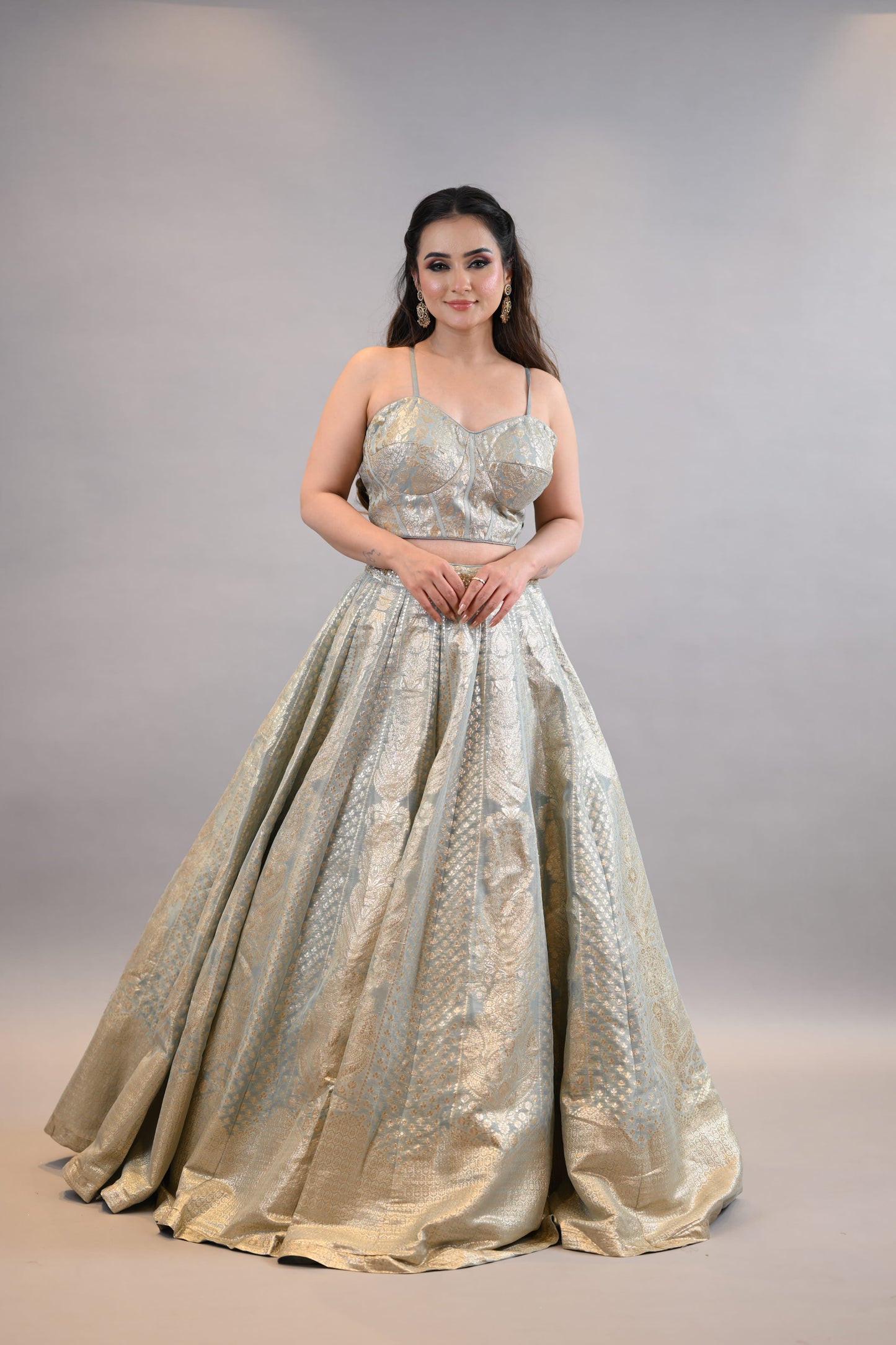 Metallic Gold Banarasi Lehenga with Crop Blouse & Jacket