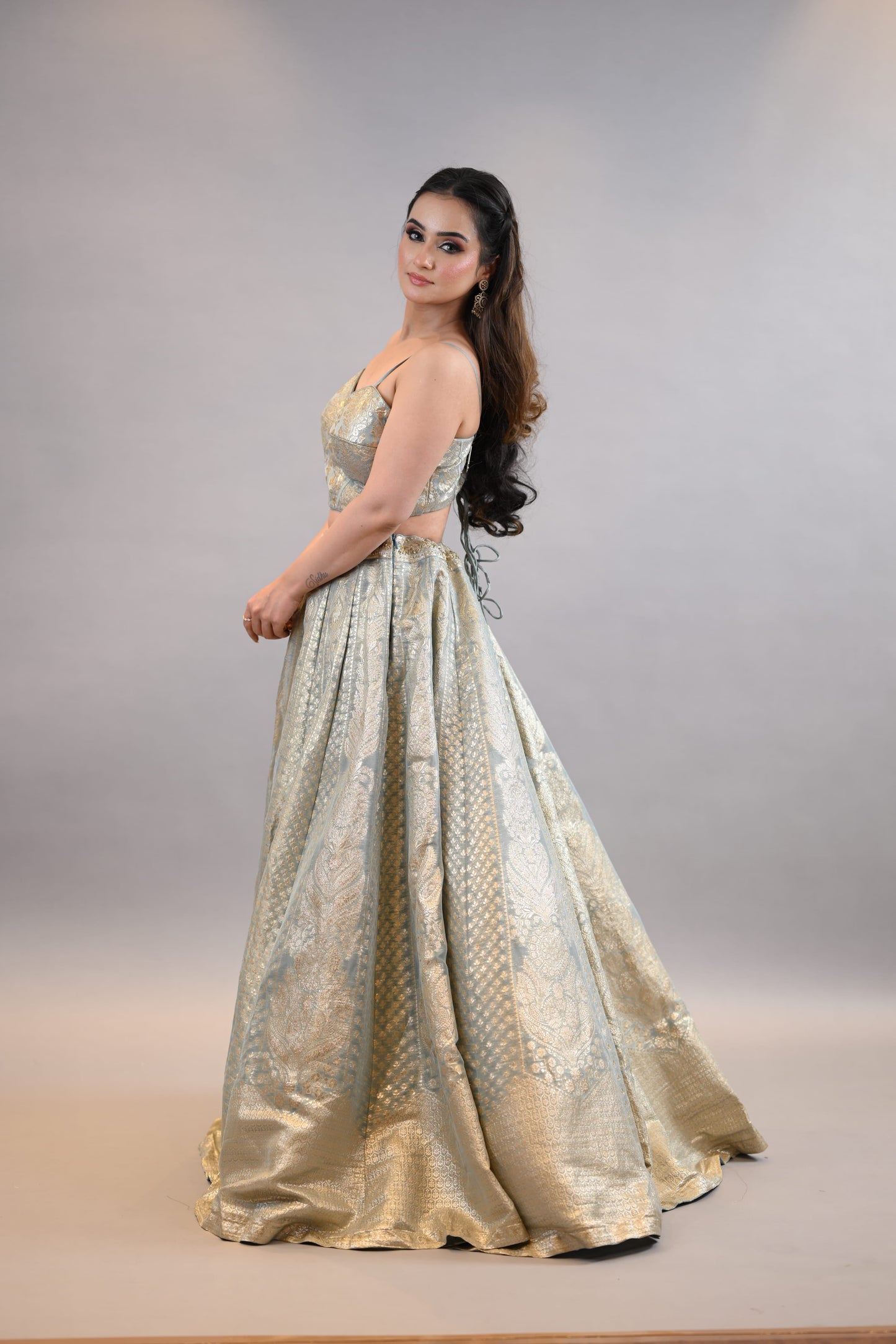 Metallic Gold Banarasi Lehenga with Crop Blouse & Jacket