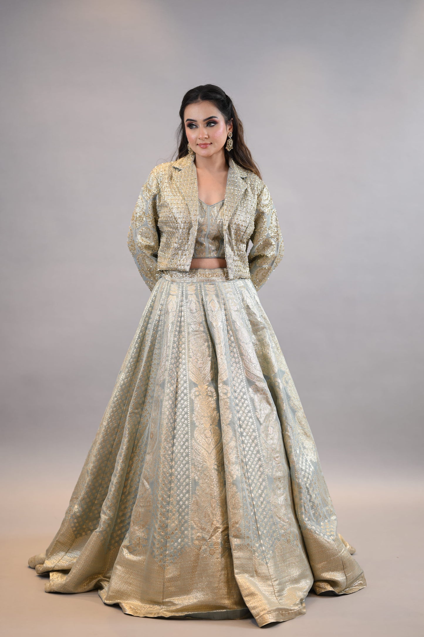 Metallic Gold Banarasi Lehenga with Crop Blouse & Jacket