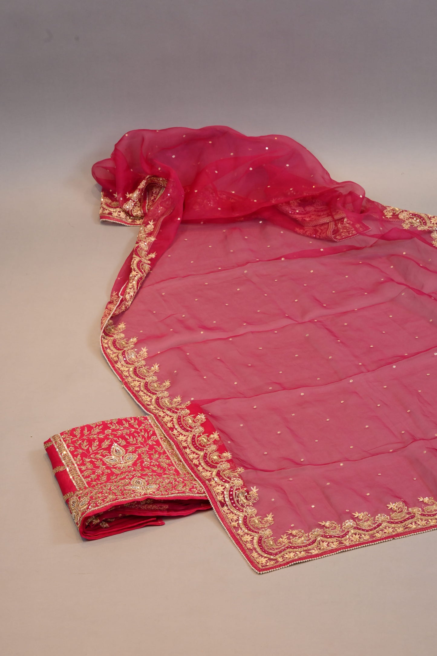 Rani Pink Suit  Embroidered Organza Dupatta with Zari Border