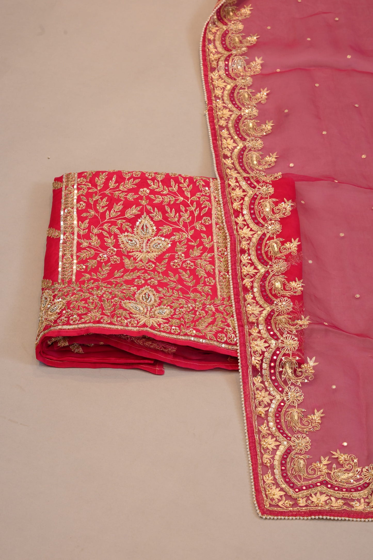 Rani Pink Suit  Embroidered Organza Dupatta with Zari Border