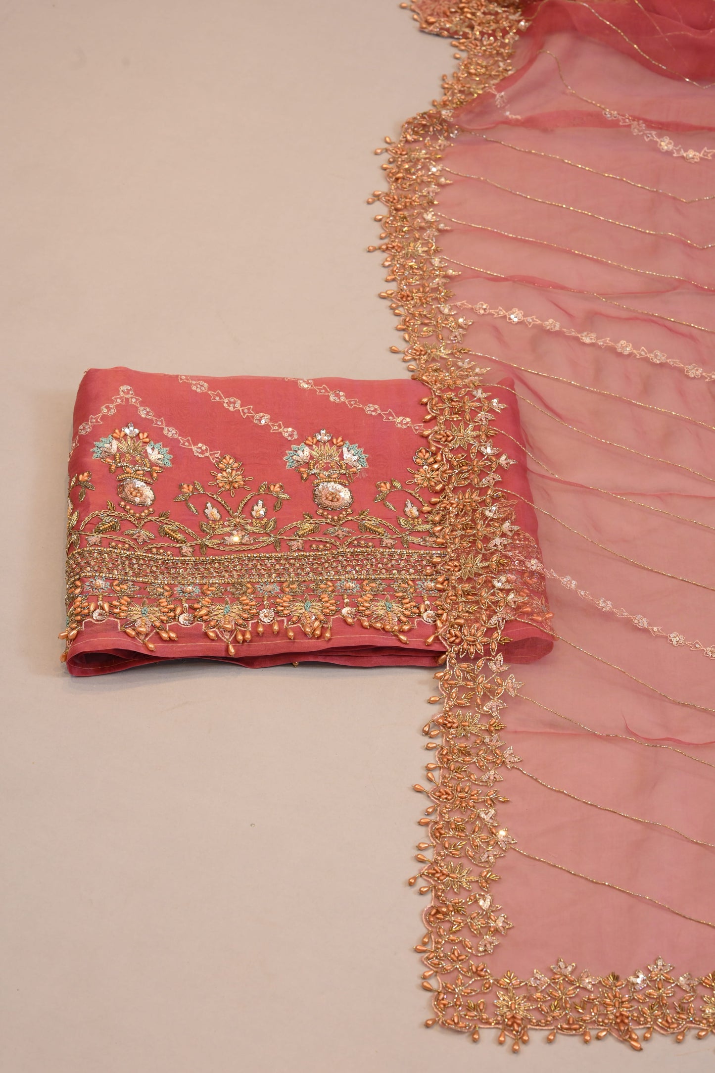 Designer Suit  Peach Organza Dupatta with Heavy Floral Zari Work
