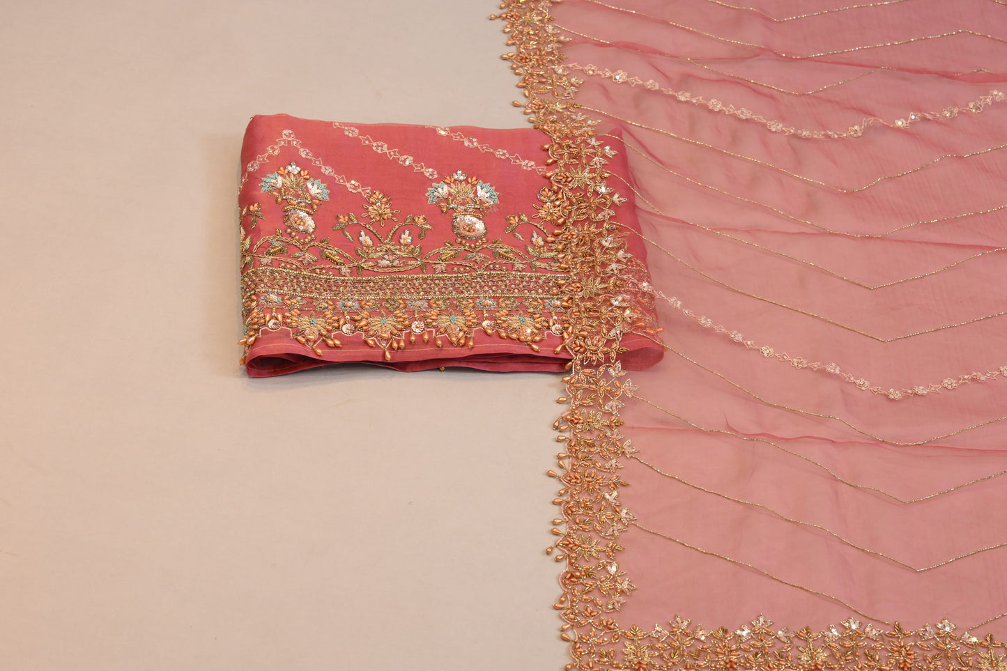 Designer Suit  Peach Organza Dupatta with Heavy Floral Zari Work