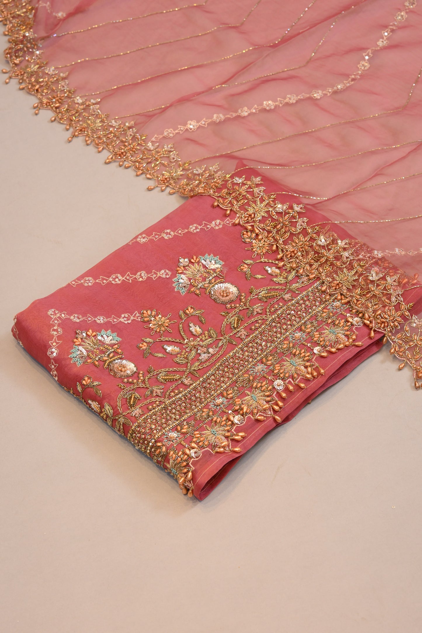 Designer Suit  Peach Organza Dupatta with Heavy Floral Zari Work