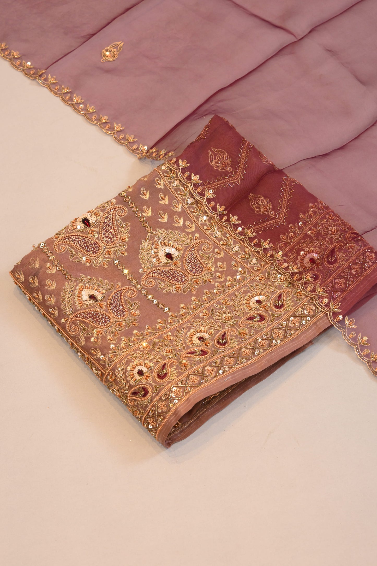 Suit Dupatta– Elegant Dusty Mauve Dupatta with Delicate Zari & Sequin Work