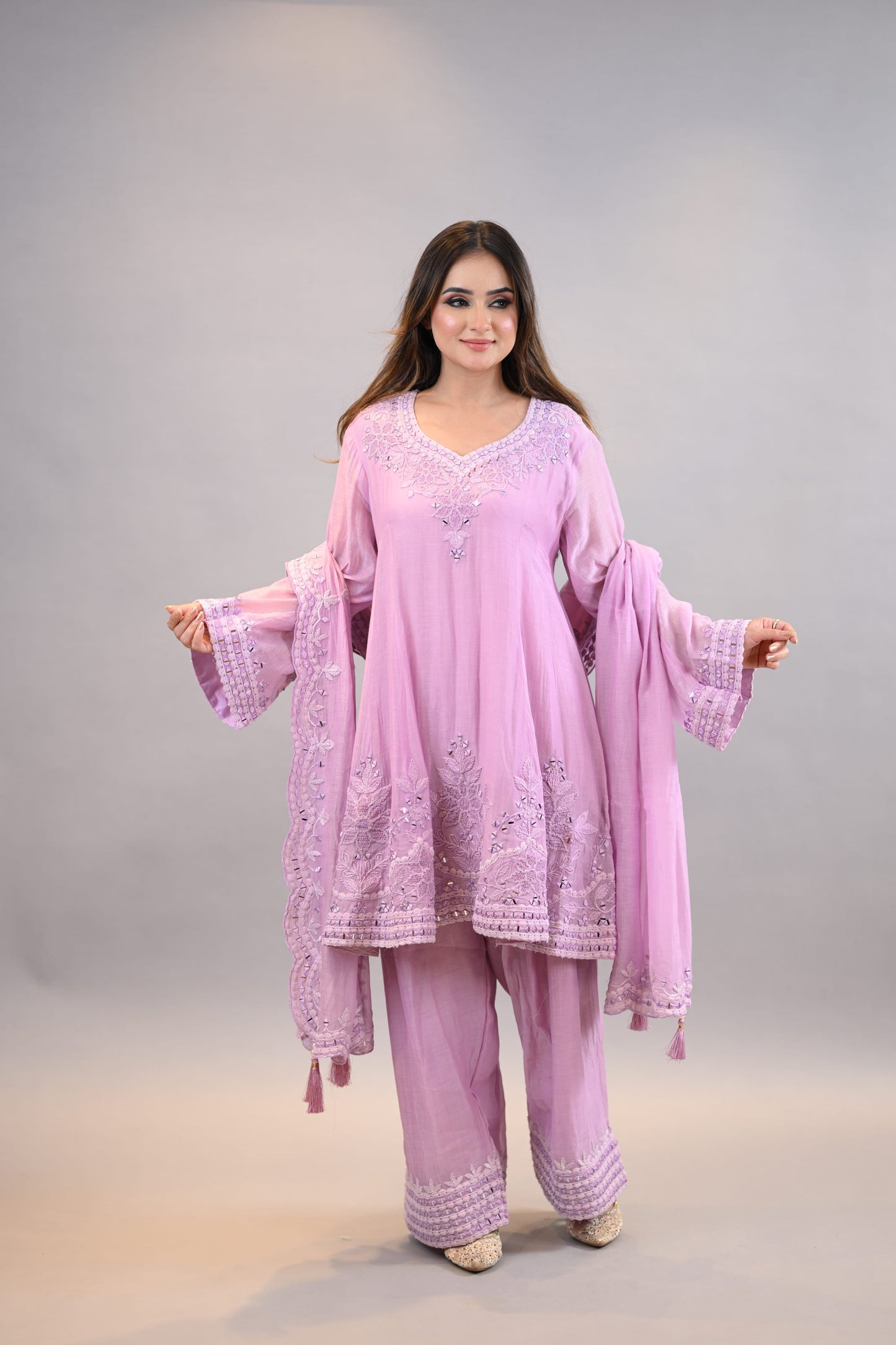 Anarkali Readymade Suit soft  lilac threadwork graceful shirt dupatta with bottom