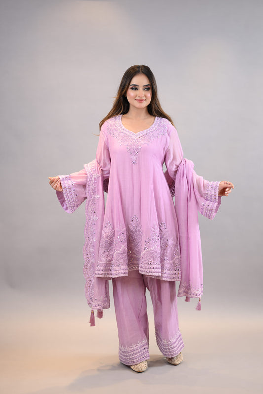 Anarkali Readymade Suit soft  lilac threadwork graceful shirt dupatta with bottom