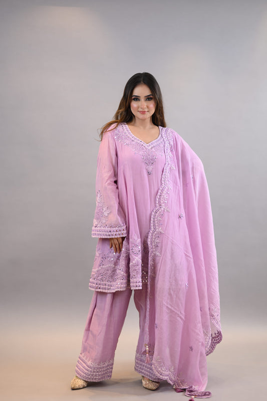 Anarkali Readymade Suit soft  lilac threadwork graceful shirt dupatta with bottom