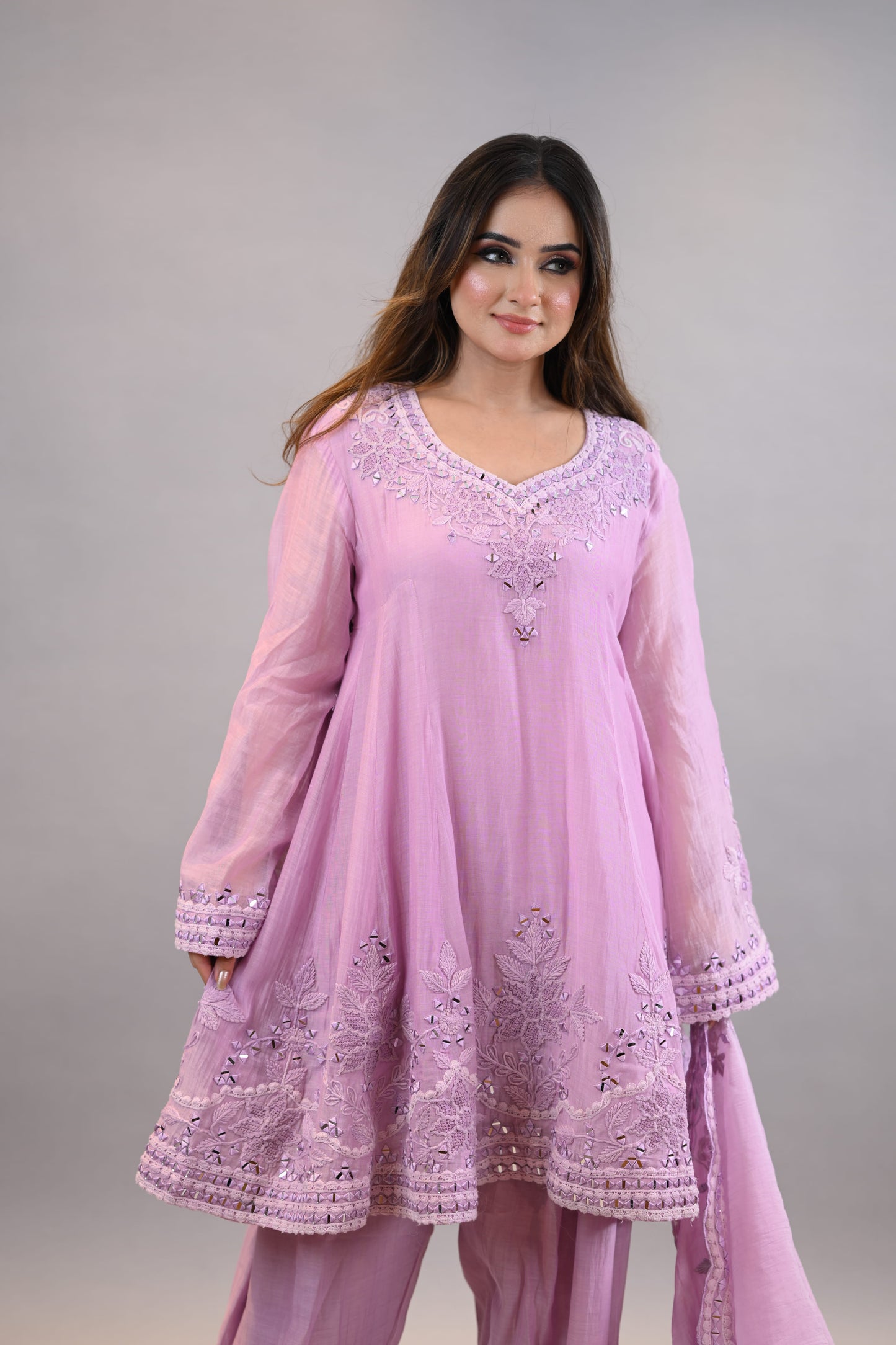 Anarkali Readymade Suit soft  lilac threadwork graceful shirt dupatta with bottom