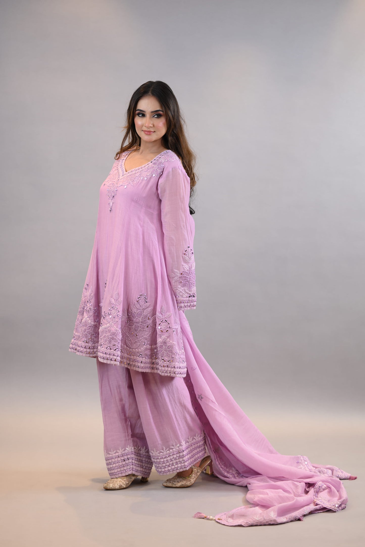 Anarkali Readymade Suit soft  lilac threadwork graceful shirt dupatta with bottom
