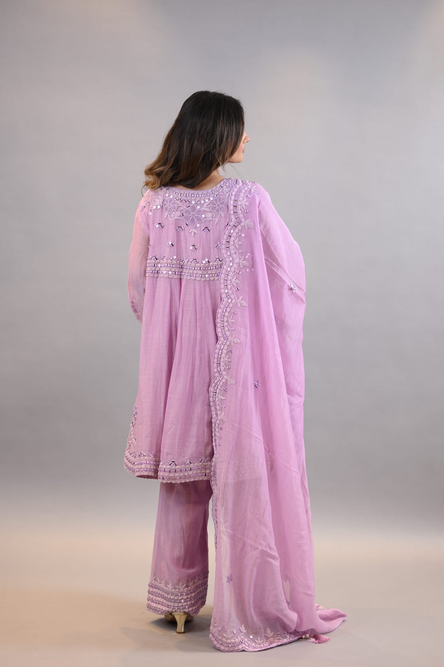 Anarkali Readymade Suit soft  lilac threadwork graceful shirt dupatta with bottom
