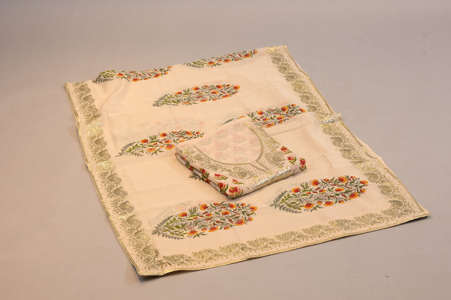Suit Dupatta Set Cream Floral Printed Elegant Ethnic Wear