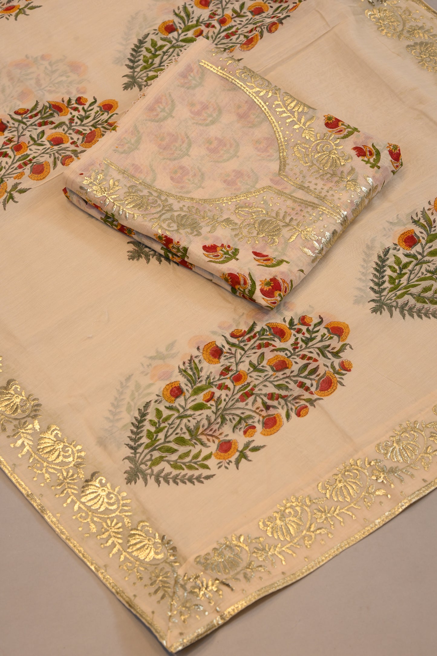 Suit Dupatta Set Cream Floral Printed Elegant Ethnic Wear