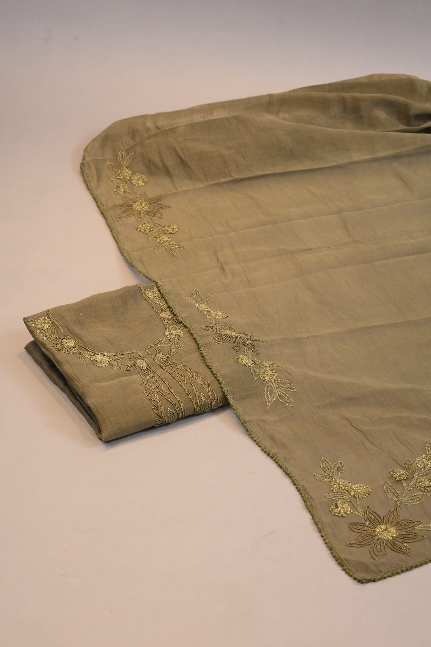 Suit Dupatta Set Olive Green Floral Threadwork Designer