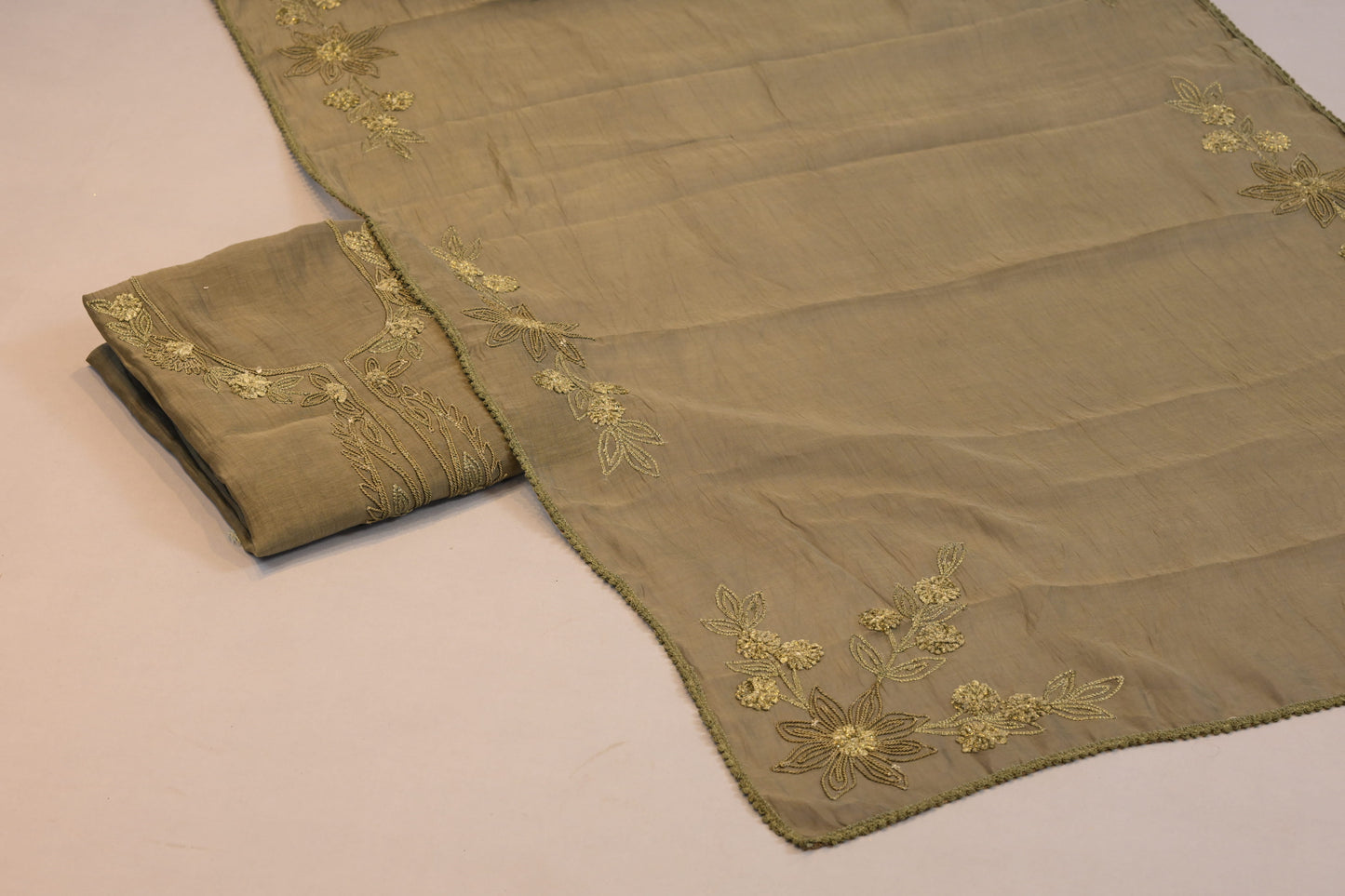 Suit Dupatta Set Olive Green Floral Threadwork Designer