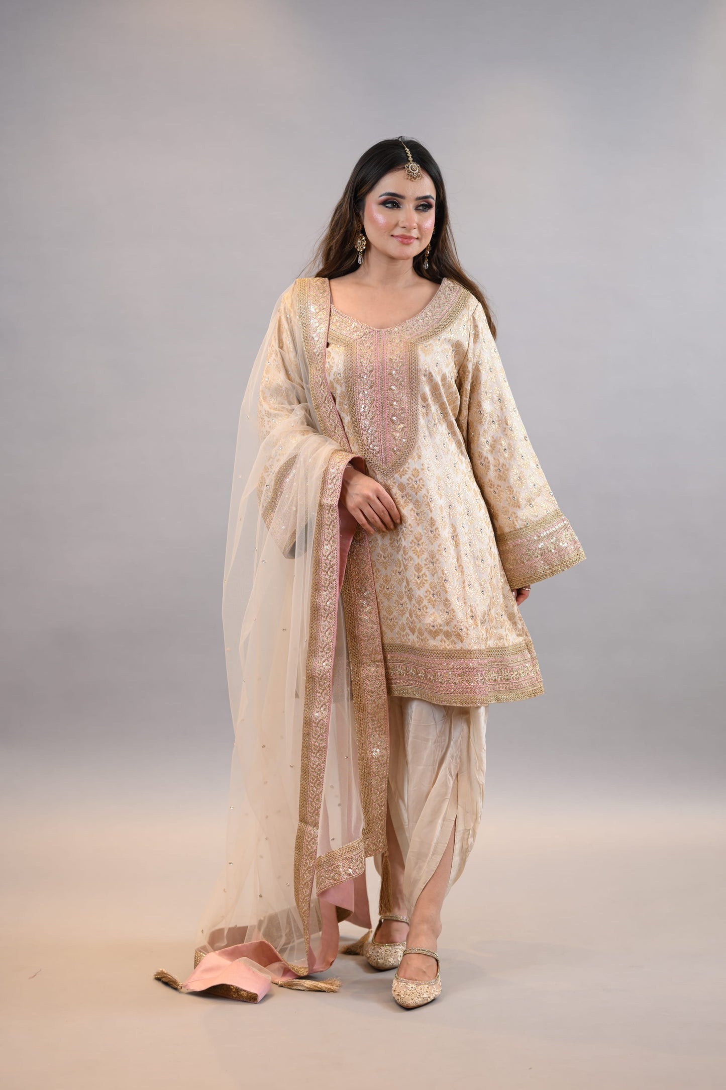 Readymade suit dupatta  Beige Gold Embroidered Festive Elegance  A-Line Shirt with dhoti salwar