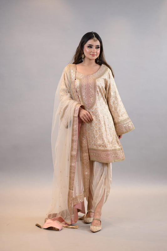 Readymade suit dupatta  Beige Gold Embroidered Festive Elegance  A-Line Shirt with dhoti salwar