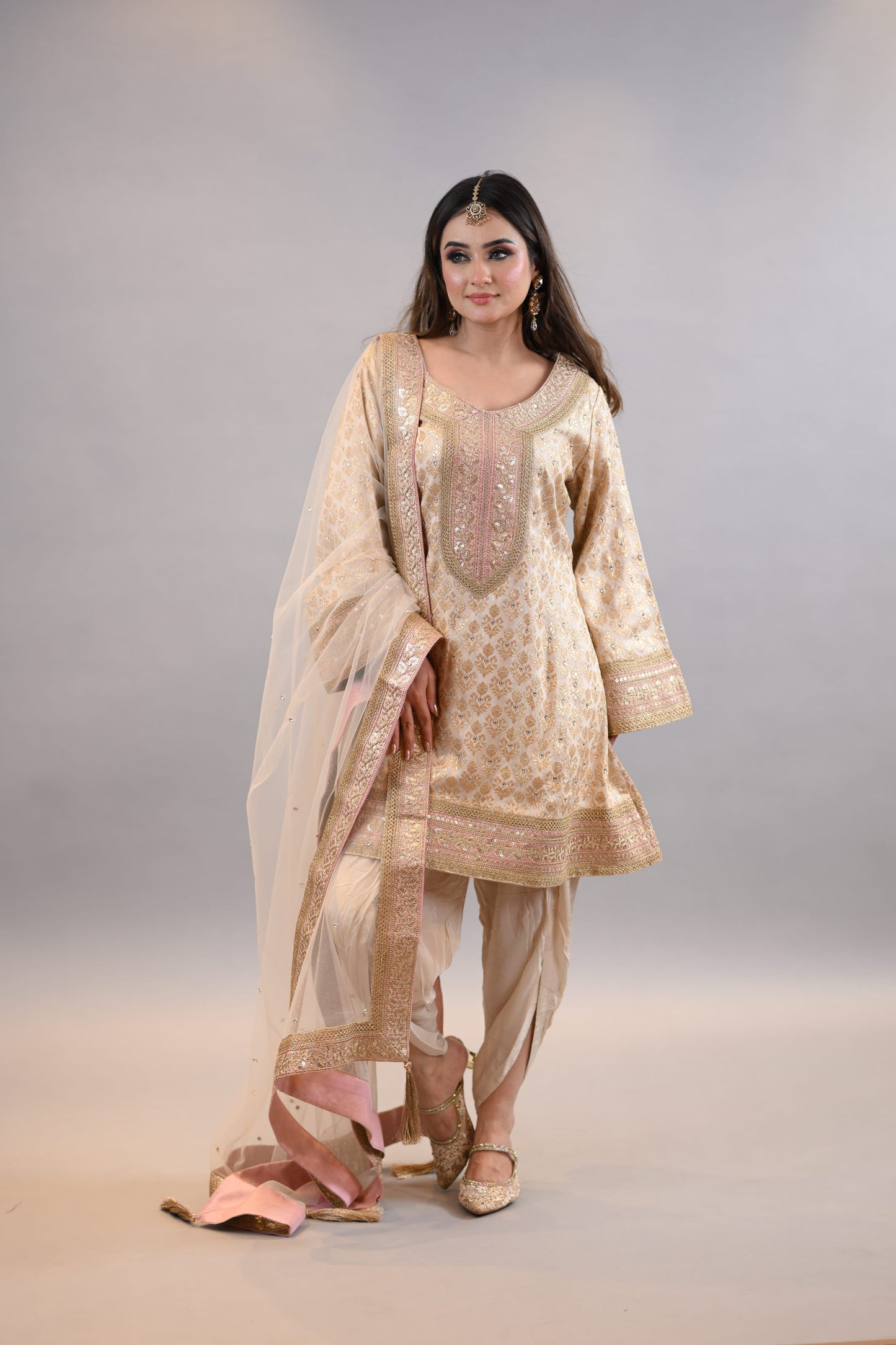 Readymade suit dupatta  Beige Gold Embroidered Festive Elegance  A-Line Shirt with dhoti salwar