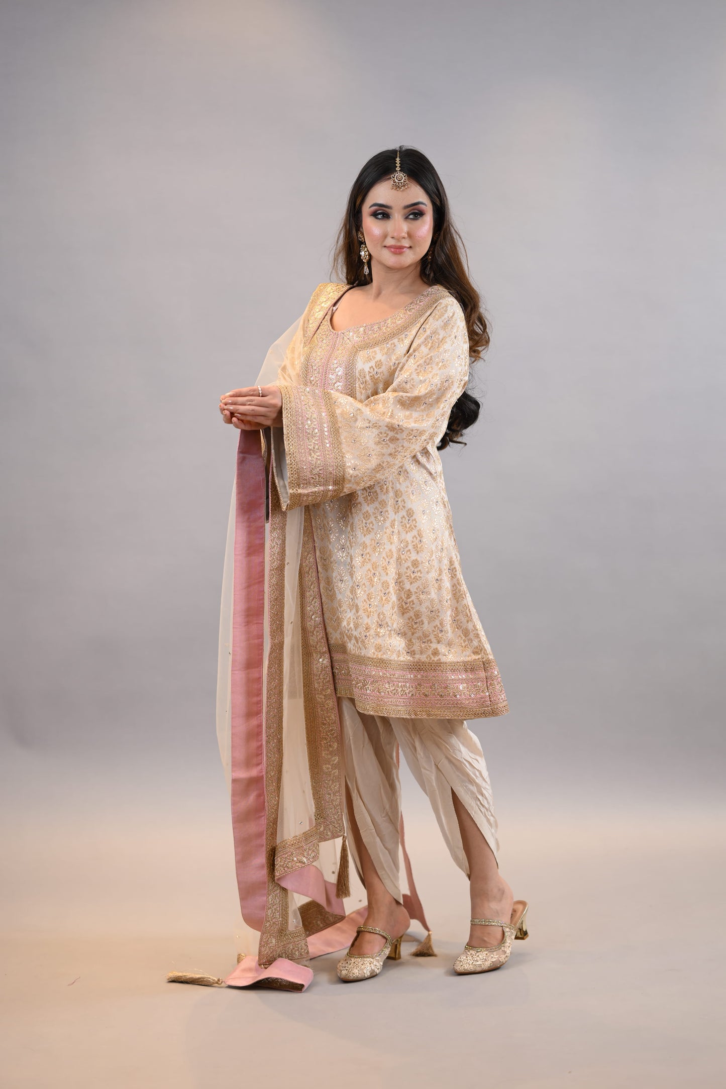 Readymade suit dupatta  Beige Gold Embroidered Festive Elegance  A-Line Shirt with dhoti salwar