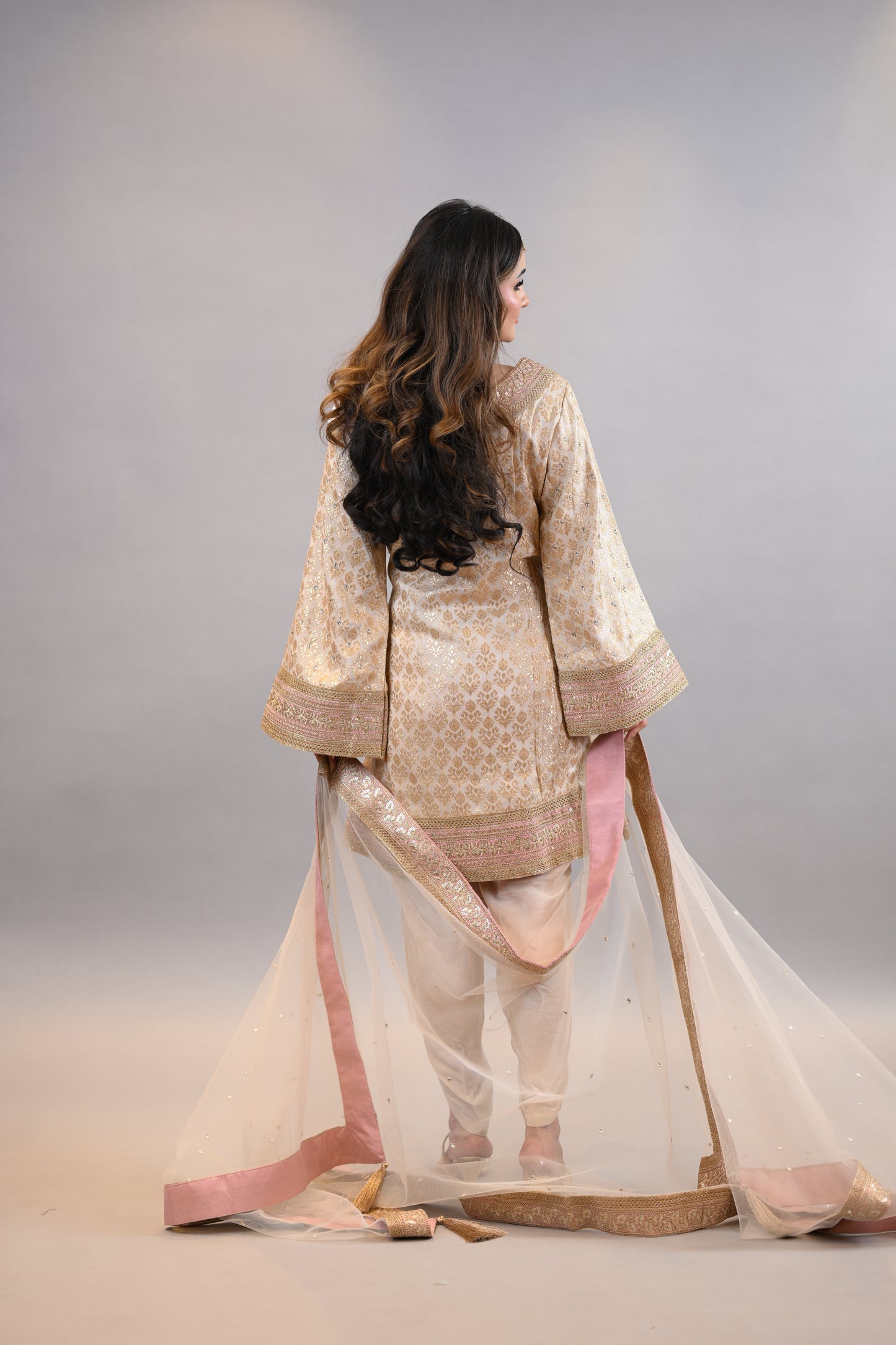 Readymade suit dupatta  Beige Gold Embroidered Festive Elegance  A-Line Shirt with dhoti salwar