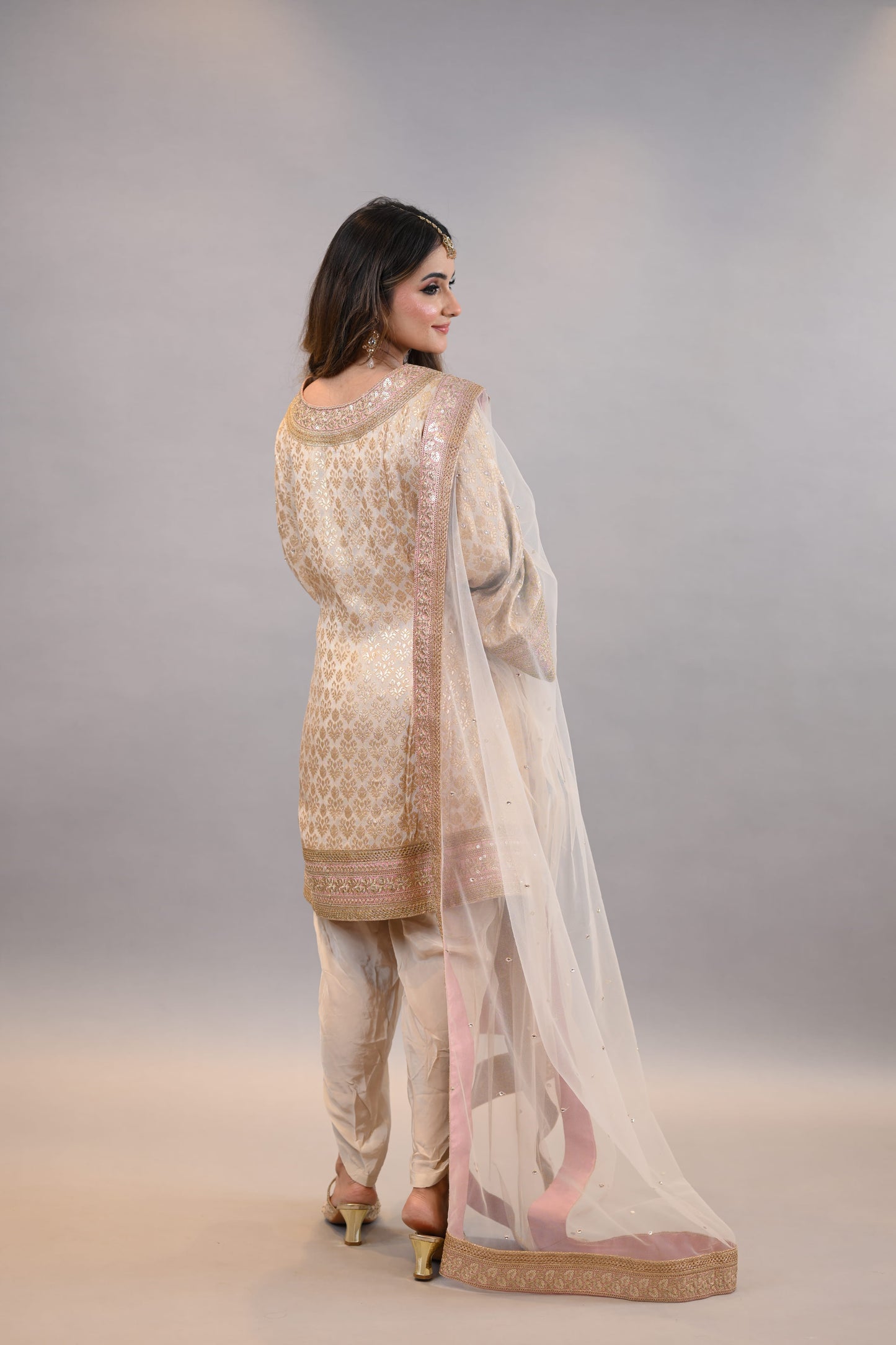 Readymade suit dupatta  Beige Gold Embroidered Festive Elegance  A-Line Shirt with dhoti salwar