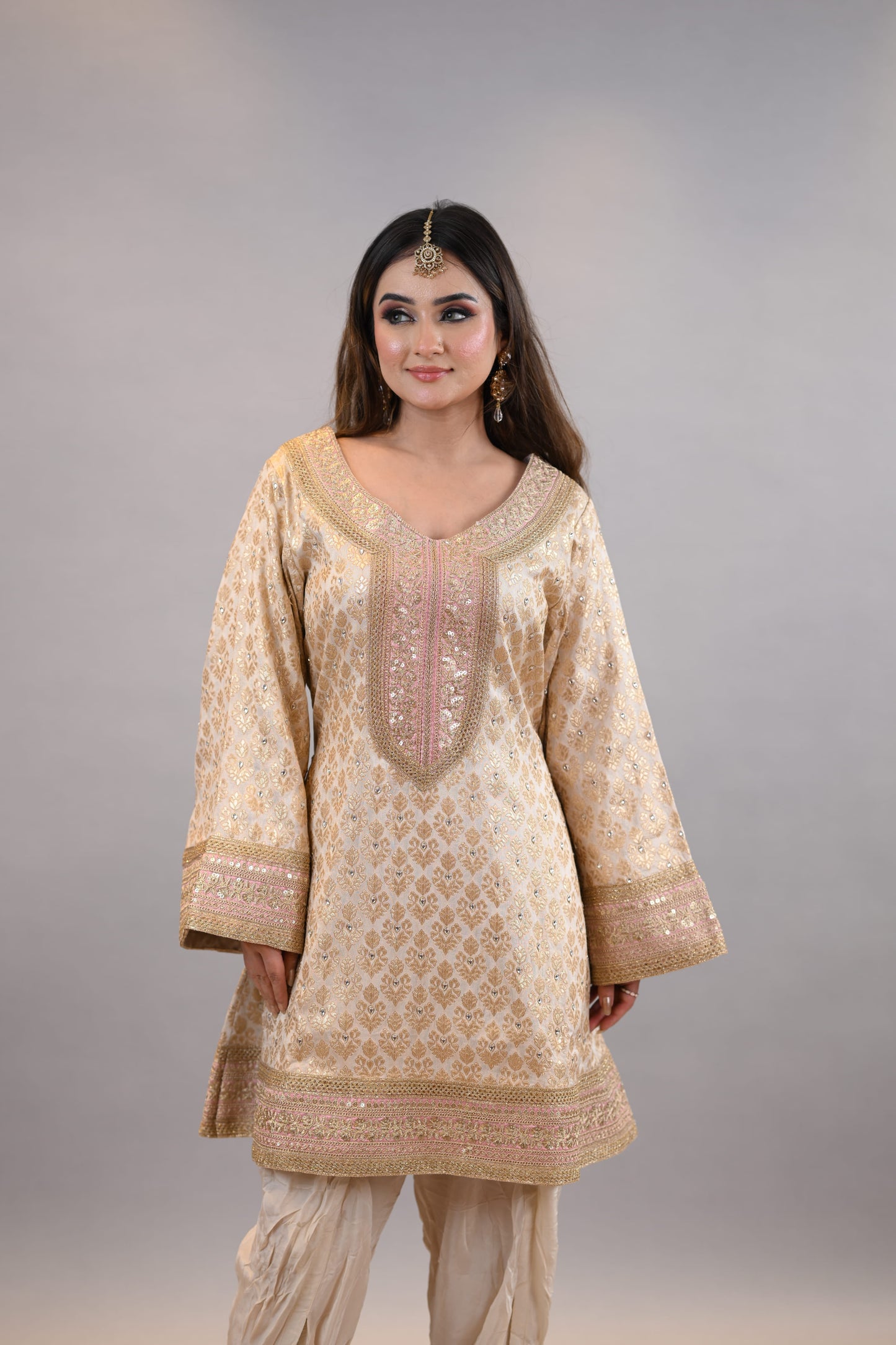 Readymade suit dupatta  Beige Gold Embroidered Festive Elegance  A-Line Shirt with dhoti salwar