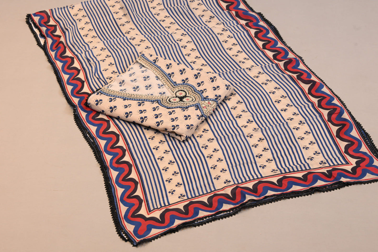 Unstitched Suit Elegant Blue Printed Ensemble with Contrast Border Dupatta