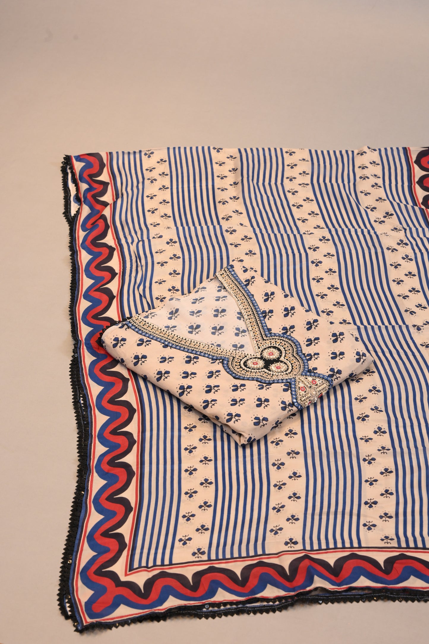 Unstitched Suit Elegant Blue Printed Ensemble with Contrast Border Dupatta