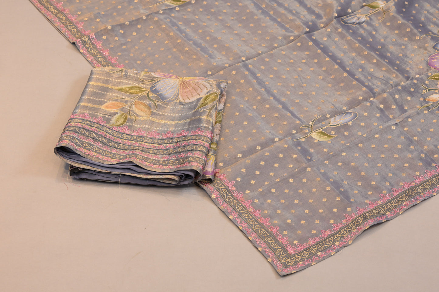 Grey Floral Printed Suit with Gold Buti Dupatta