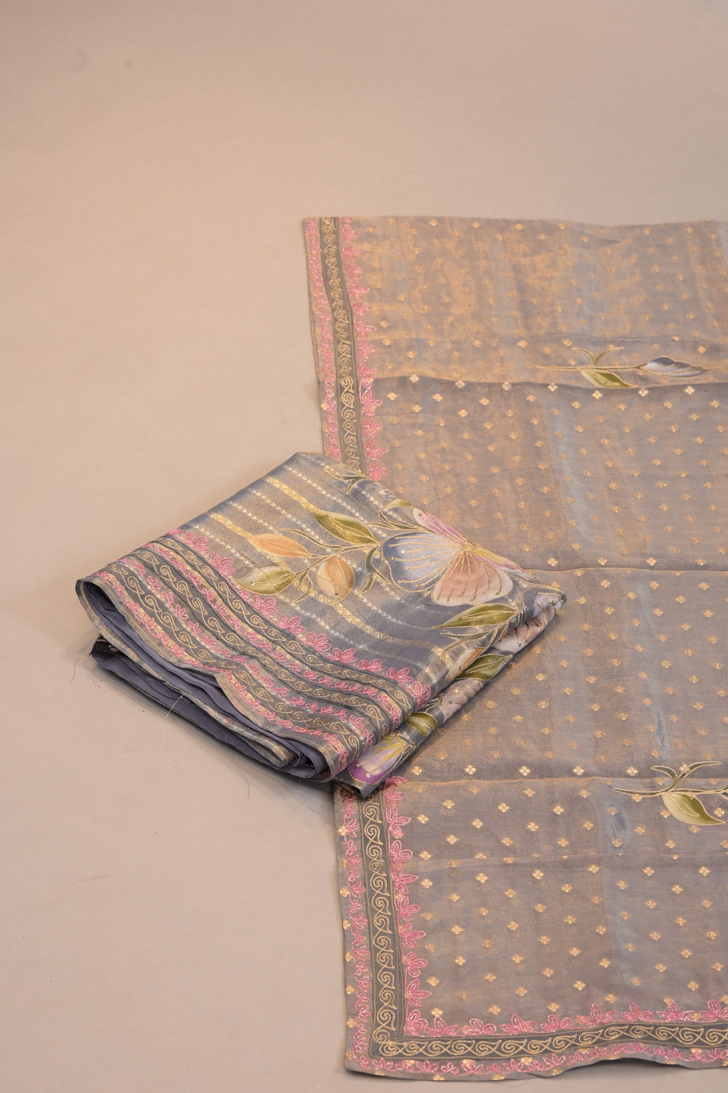 Grey Floral Printed Suit with Gold Buti Dupatta