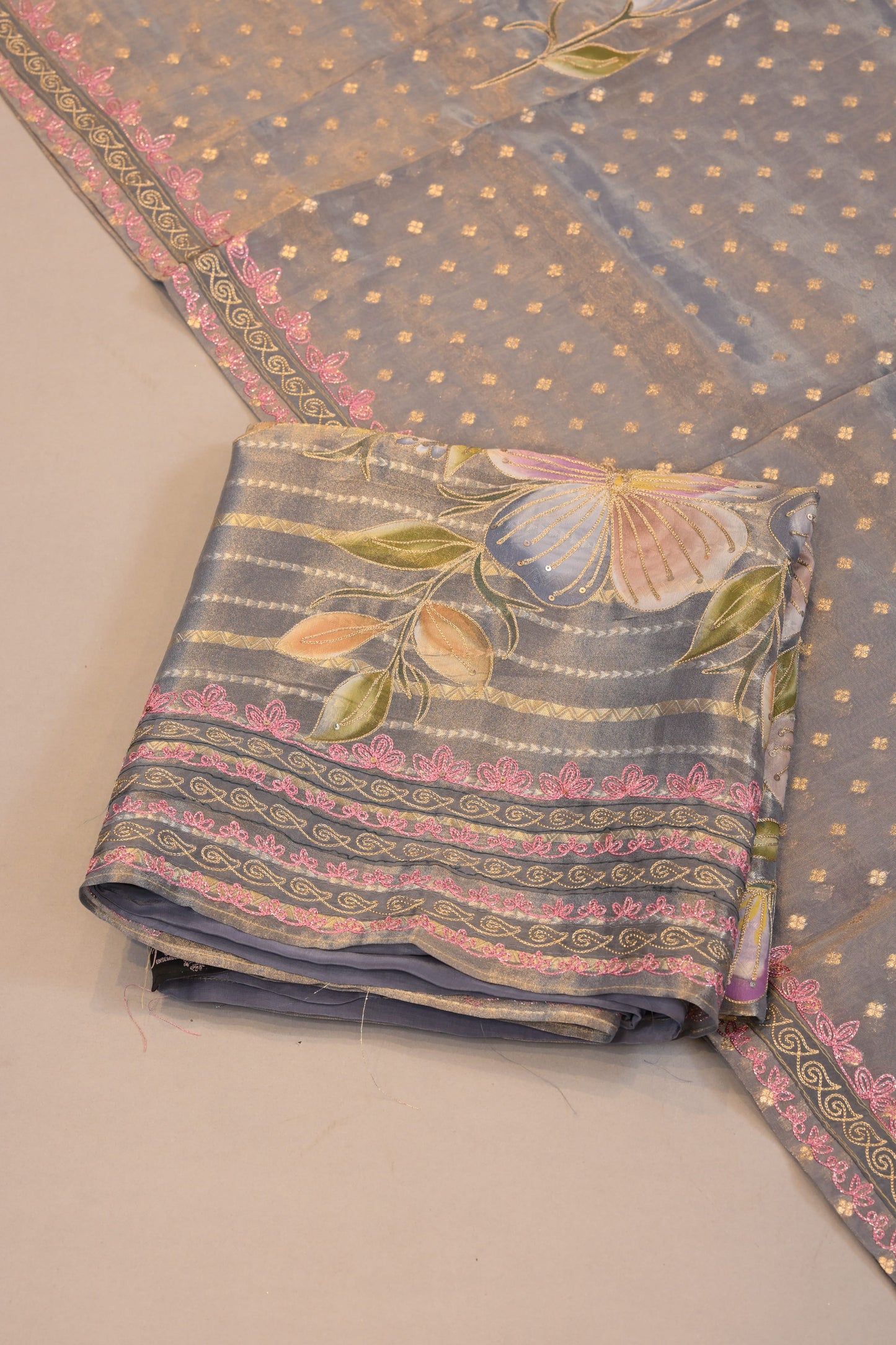 Grey Floral Printed Suit with Gold Buti Dupatta