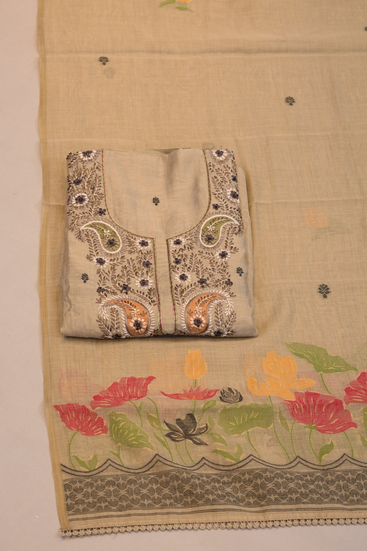 Elegant Beige Suit with Multicolor Floral Dupatta & Embroidery