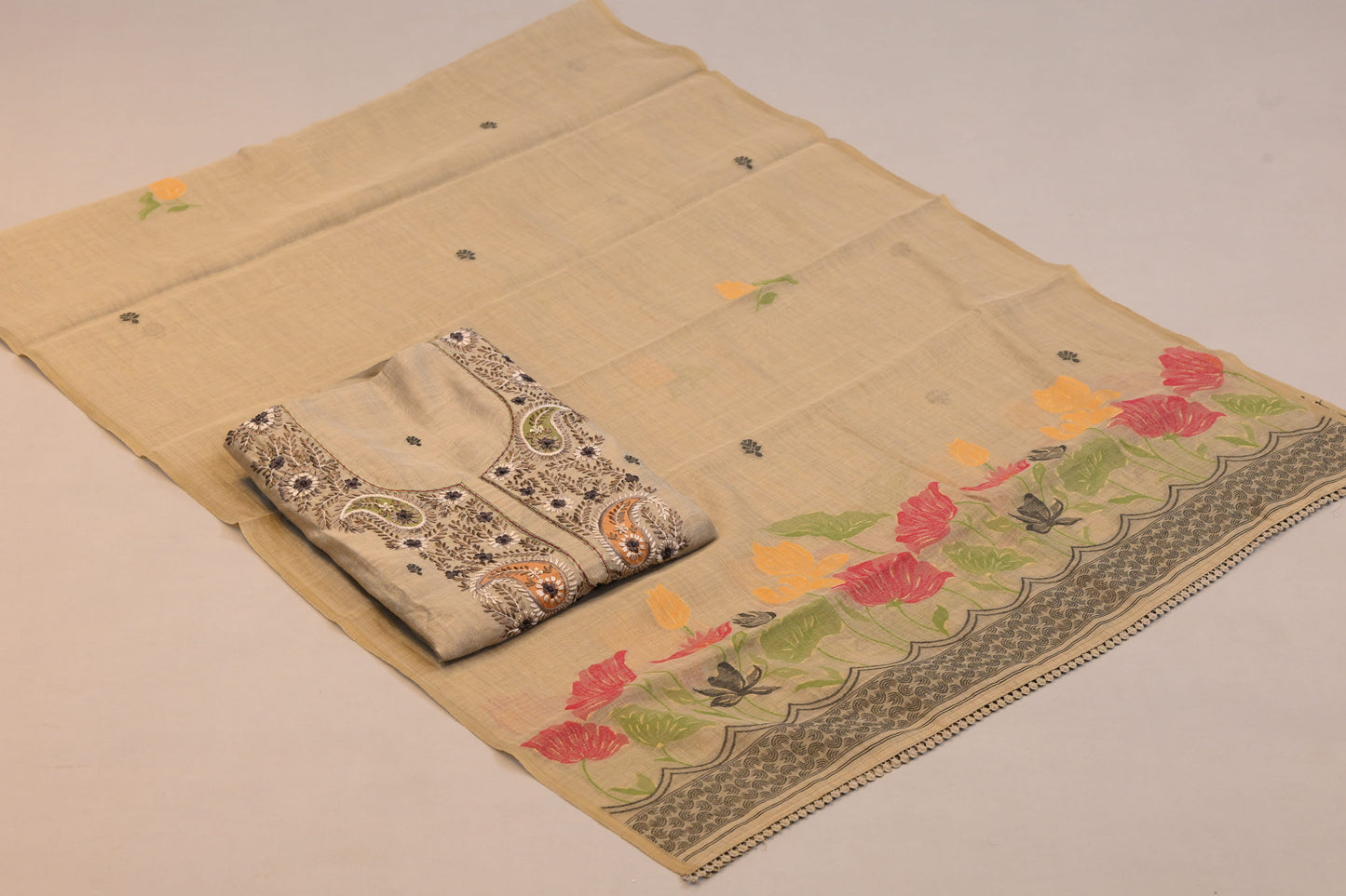 Elegant Beige Suit with Multicolor Floral Dupatta & Embroidery