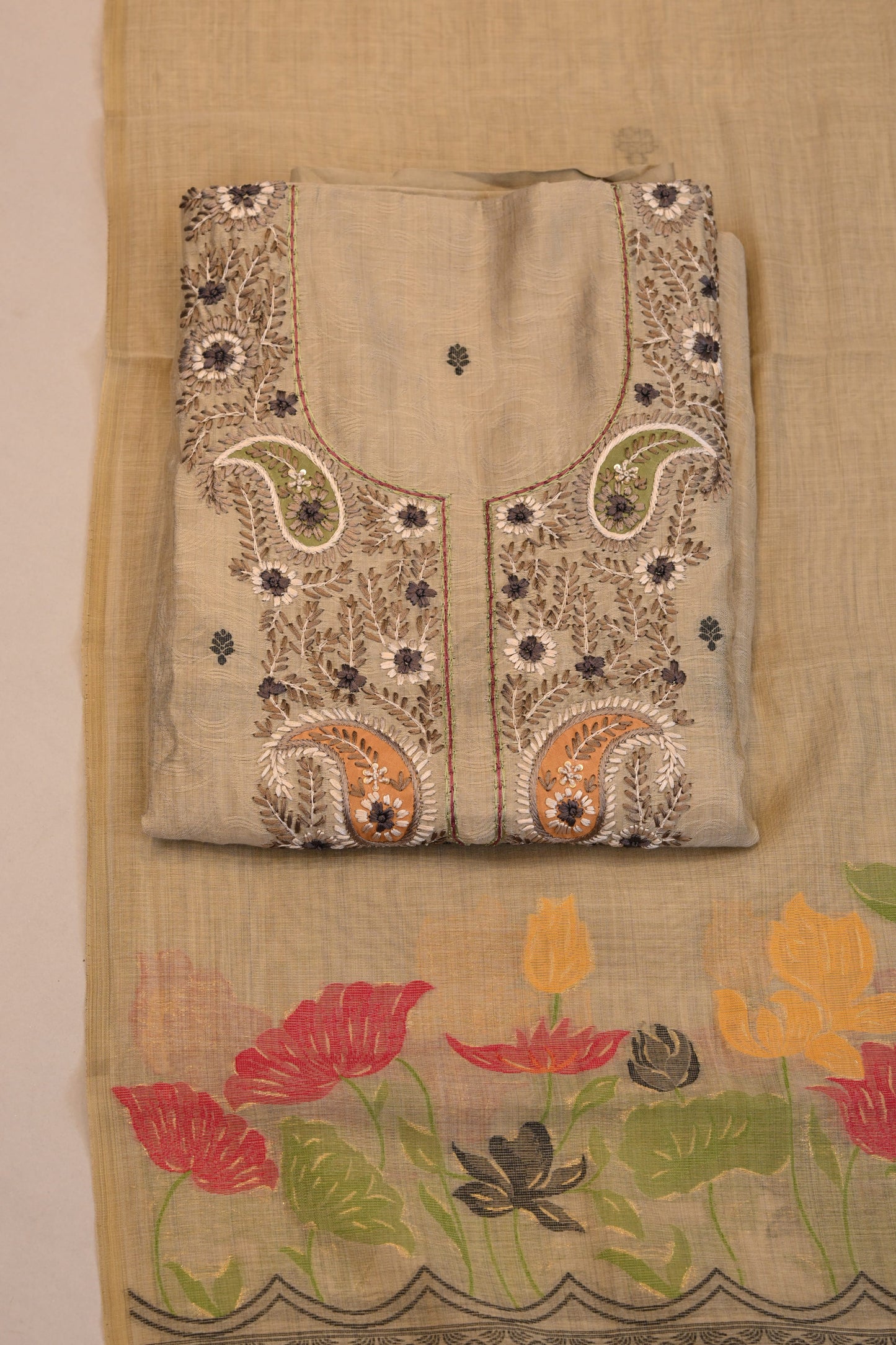 Elegant Beige Suit with Multicolor Floral Dupatta & Embroidery
