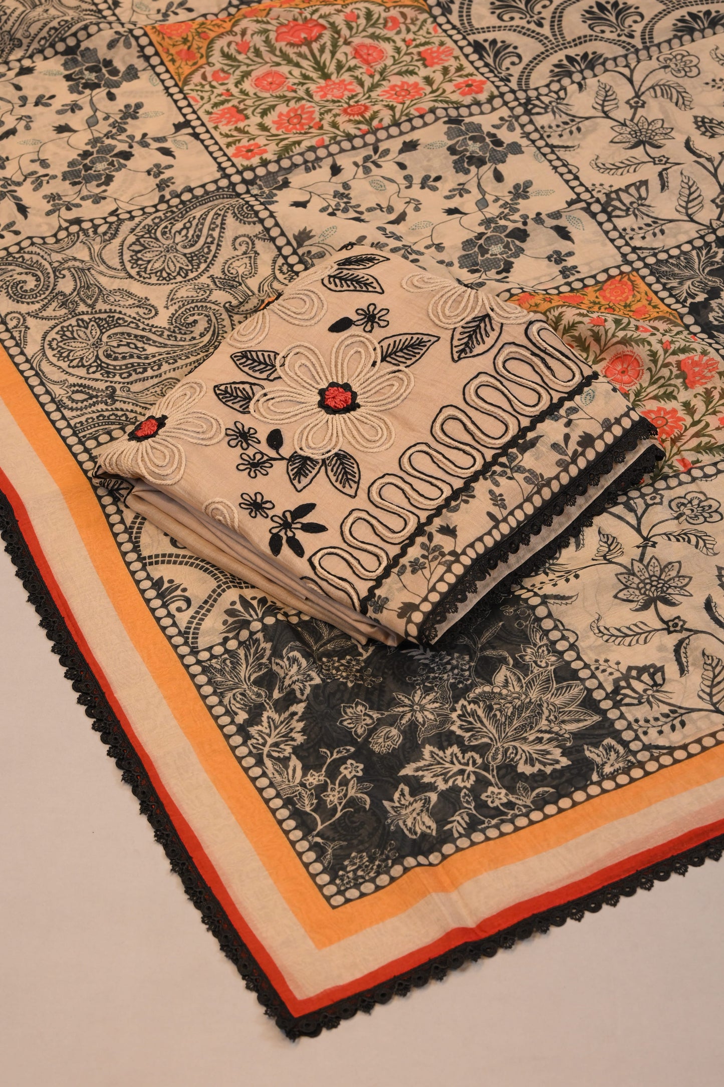 Designer Beige Embroidered Suit with Patchwork Printed Dupatta