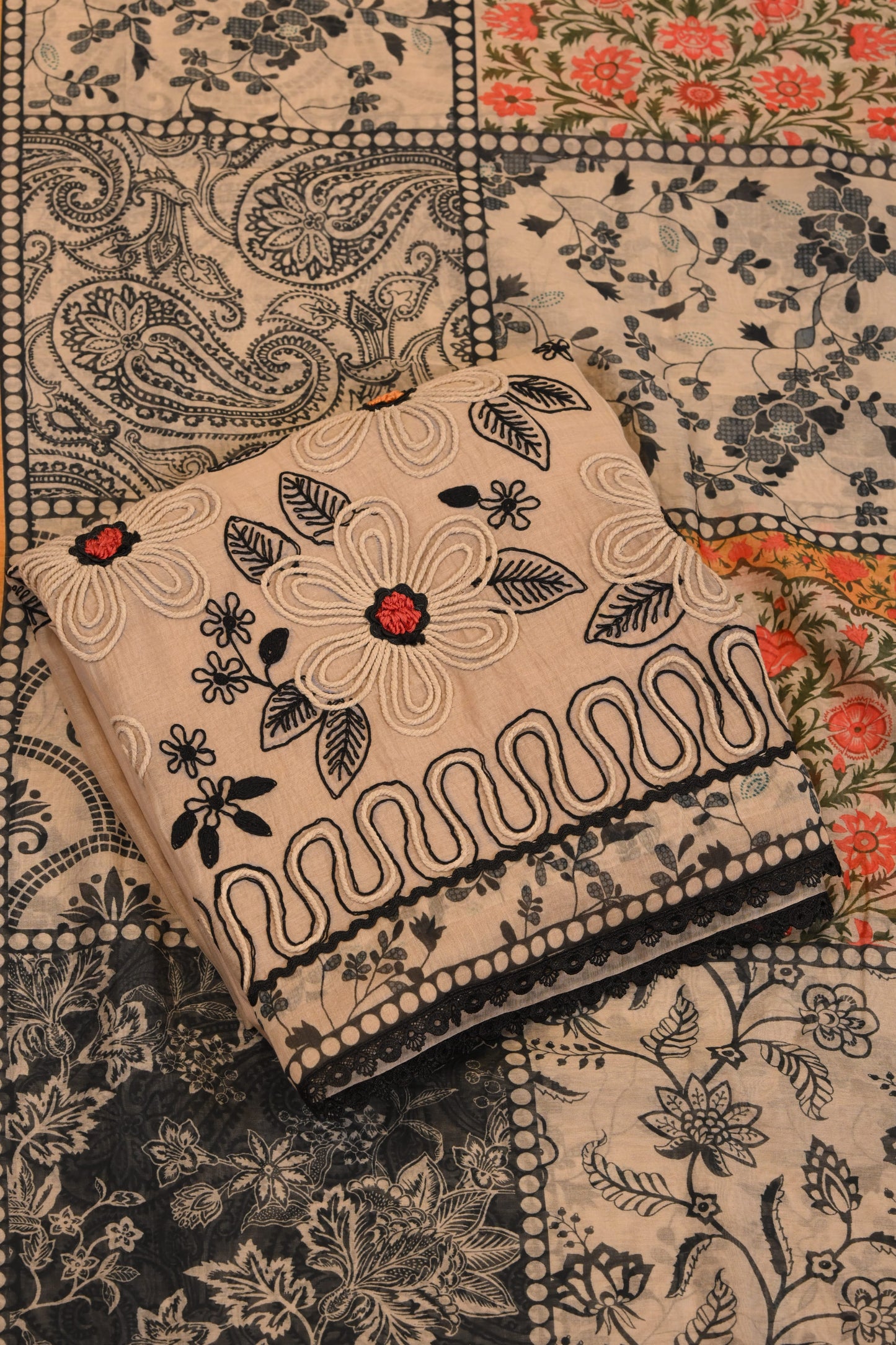 Designer Beige Embroidered Suit with Patchwork Printed Dupatta