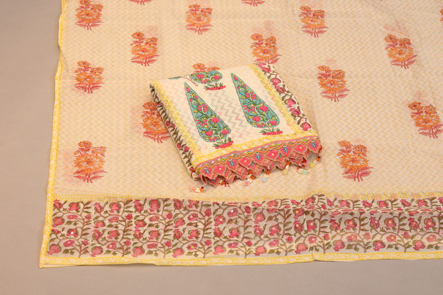 Yellow  cream Floral Printed mal Cotton Ensemble with Embroidered Dupatta