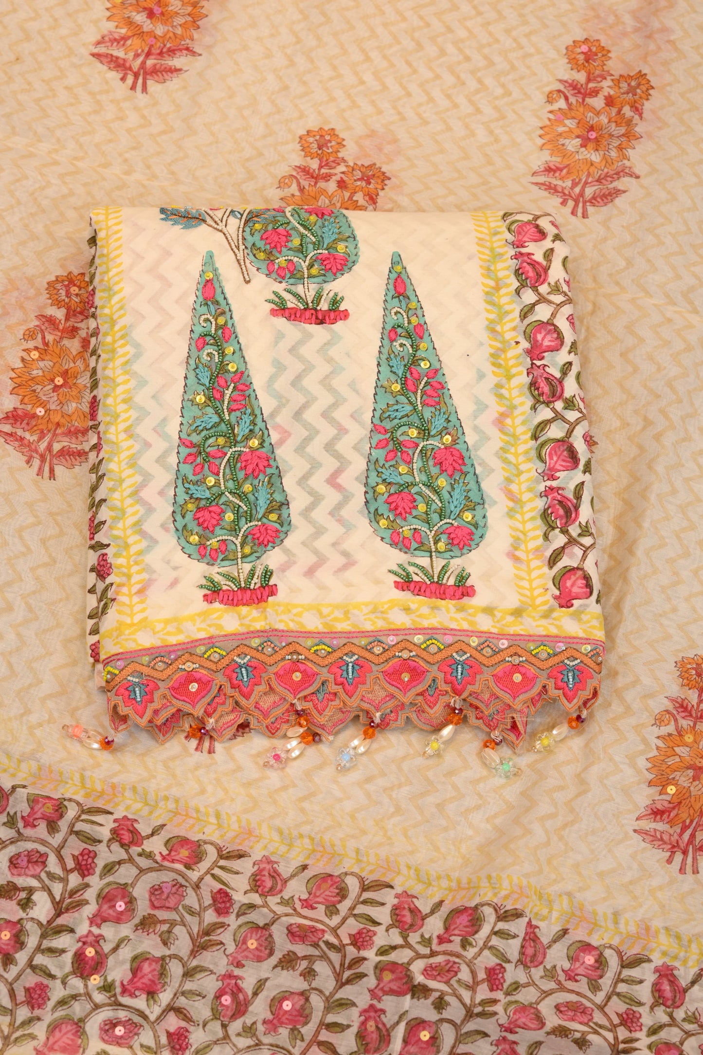 Yellow  cream Floral Printed mal Cotton Ensemble with Embroidered Dupatta