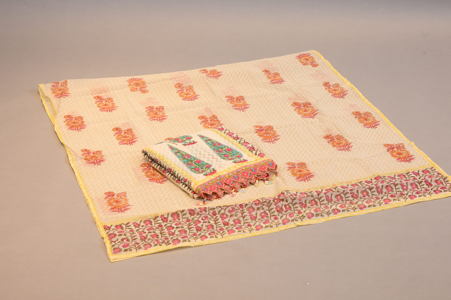 Yellow  cream Floral Printed mal Cotton Ensemble with Embroidered Dupatta