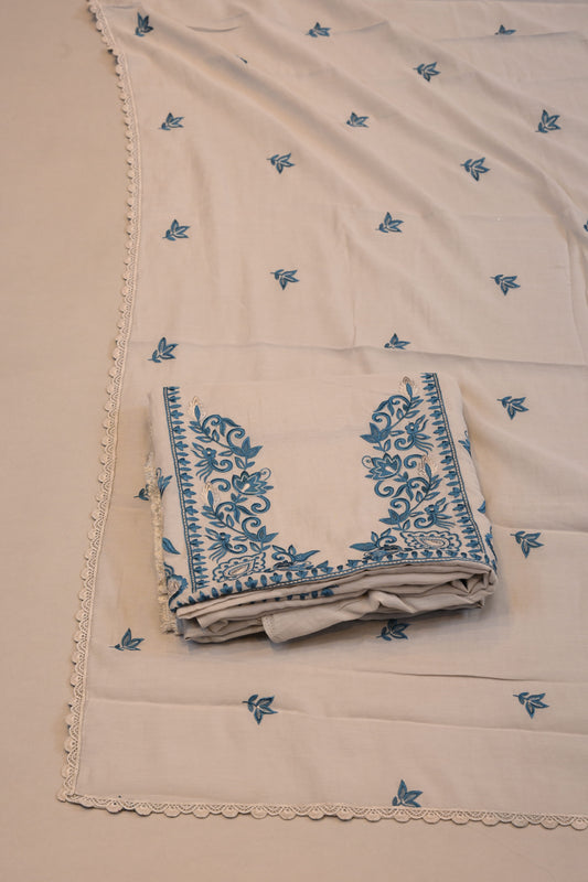 Elegant White Suit with Blue Floral Embroidery & Lace Border Dupatta